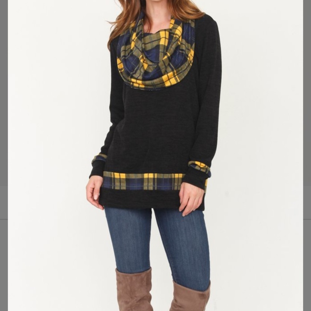 Black & Navy Plaid Cowl Neck Tunic